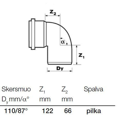 Vidaus kanalizacijos alkūnė Wavin, Ø 110 mm, 87°