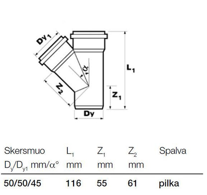 Trójnik kanalizacyjny wewnętrzny Wavin, Ø 50 / 50 mm, 45°