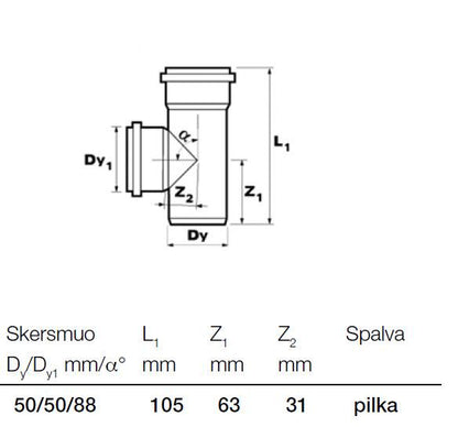 Trójnik kanalizacyjny wewnętrzny Wavin, Ø 50 / 50 mm, 88°