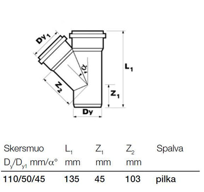 Vidaus kanalizacijos trišakis Wavin, Ø 50 / 110 mm, 45°