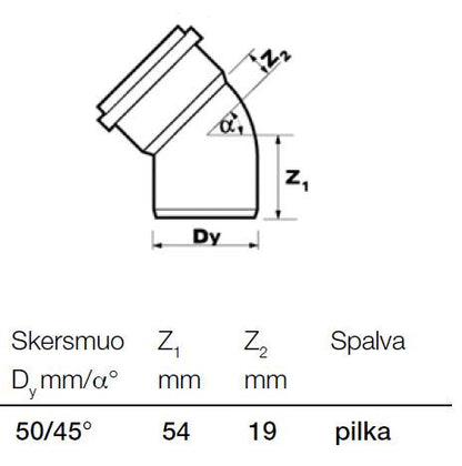 Vidaus kanalizacijos alkūnė Wavin, Ø 50 mm, 45°