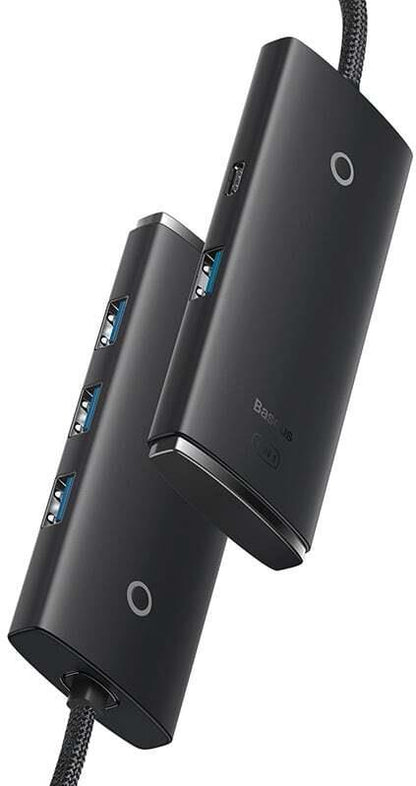 USB šakotuvas Baseus USB-C male, 4 x USB/USB-C female, juoda