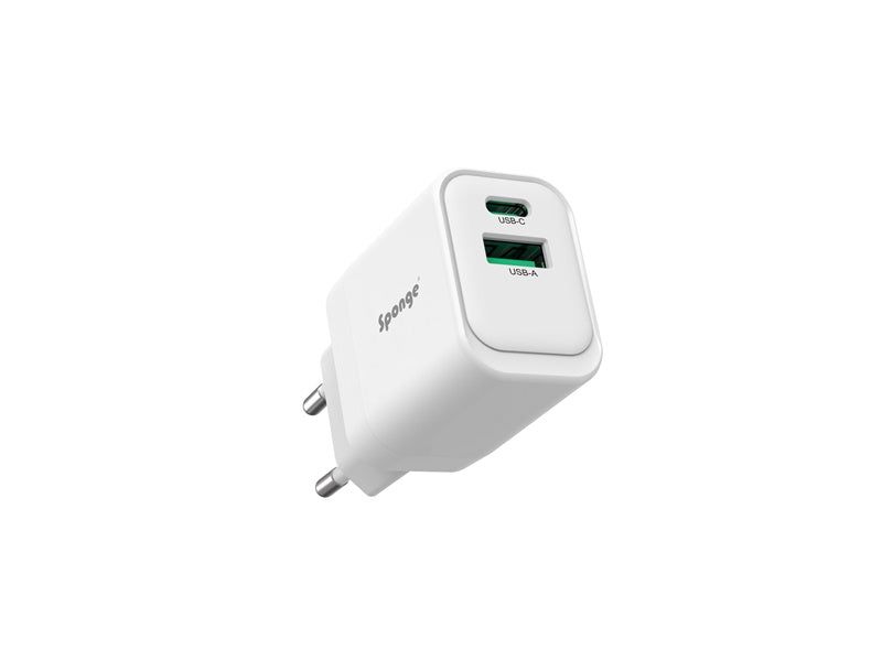 Adapteris Sponge C1 22.5W GaN, USB-C/USB-A, balta