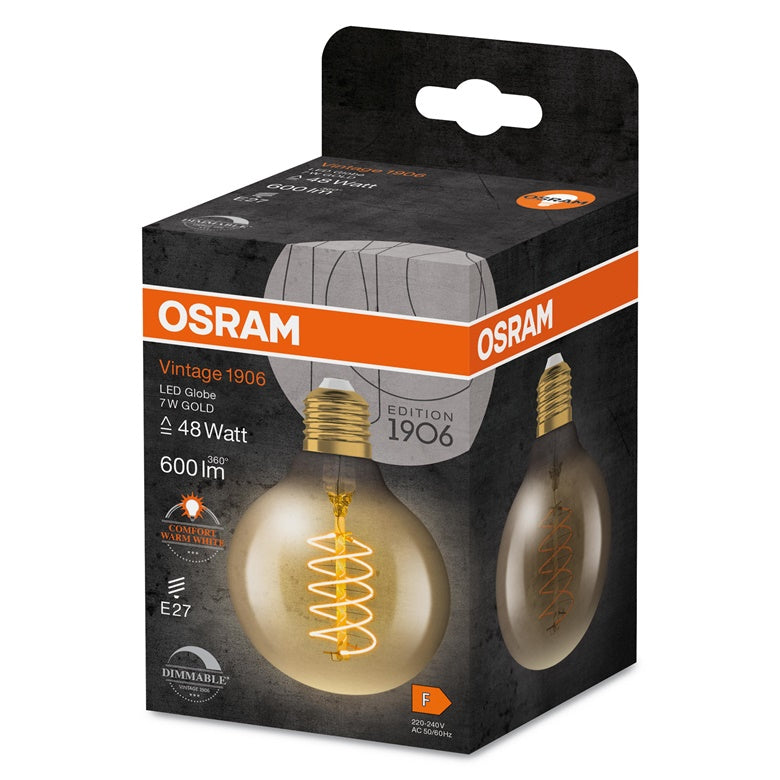ŻARÓWKA LED OSRAM, G80, E27, 7W, 600LM, 2200K, DIM