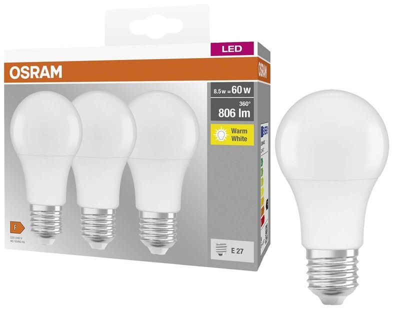 Żarówka LED Osram, A60, E27, 8.5 W, 806 lm, 2700 K, 3 szt.