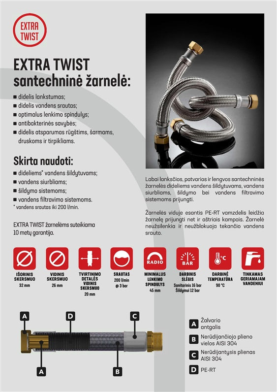 Santechninė žarnelė Tucai Extra Twist, I1''-V1'', 80 cm