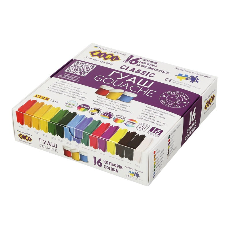 Farby gwaszowe Zibi Classic Kids, 320 ml, 16 szt.