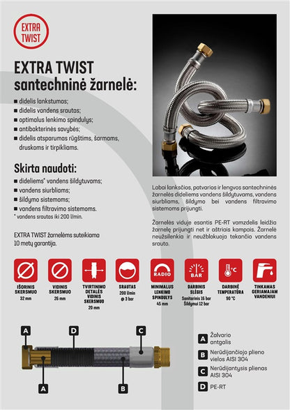 Santechninė žarnelė Tucai Extra Twist, V1''-V1'', 80 cm