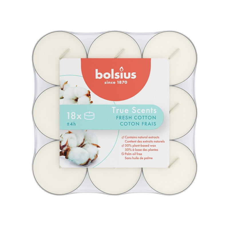 Žvakė, aromatinė Bolsius Fresh Cotton, 4 h, 18 vnt., Balta