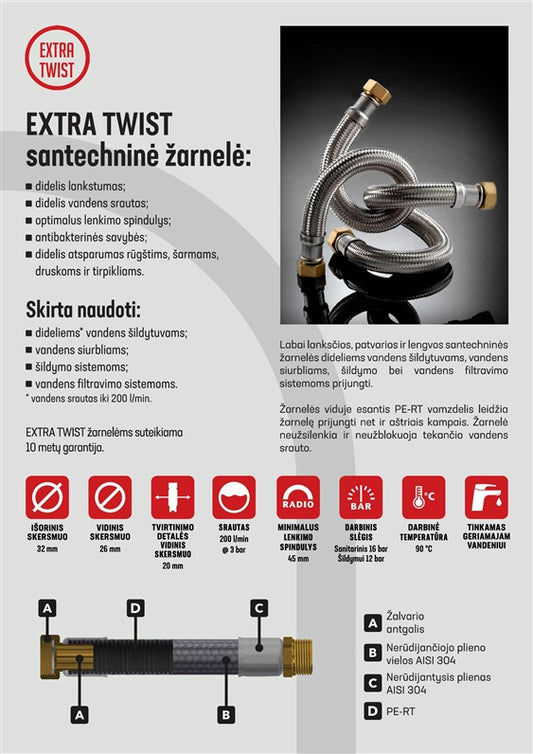 Wąż elastyczny z kolankiem Extra Twist, GZ1''-GW1'', 80cm