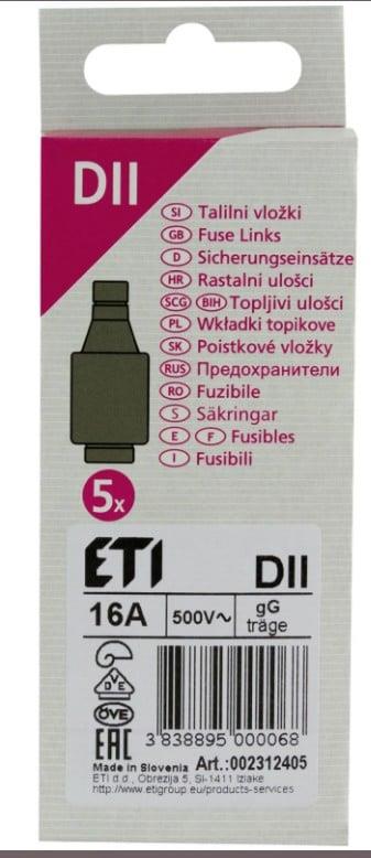 Bezpiecznik topikowy DII/GG, 16 A, E-27, 5 szt.