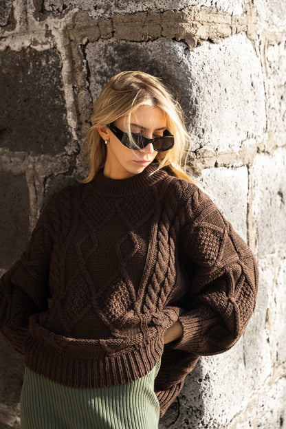Nonna Zopfmusterpullover aus 100 % Merinowolle Schokolade 