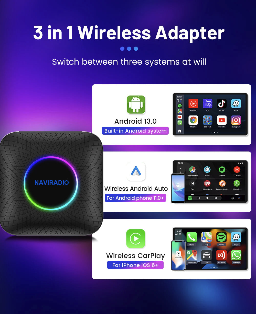 Android 13 Multimedia AI Box 8+128GB Carplay Android Auto Wireless Naviradio TV AMI