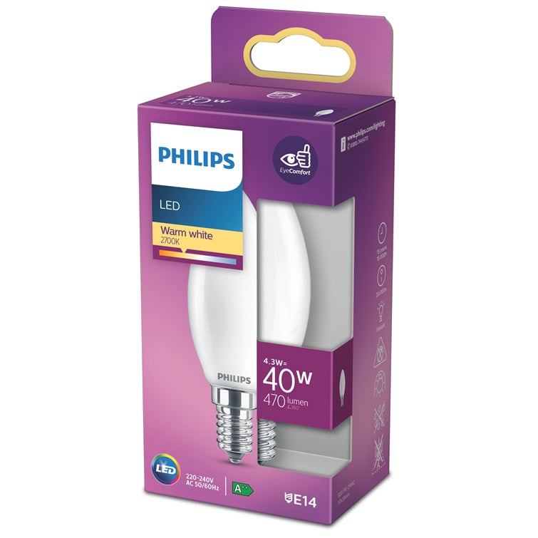 LED lemputė Philips B35, 4.3W, E14, 2700K, 470lm, matinė