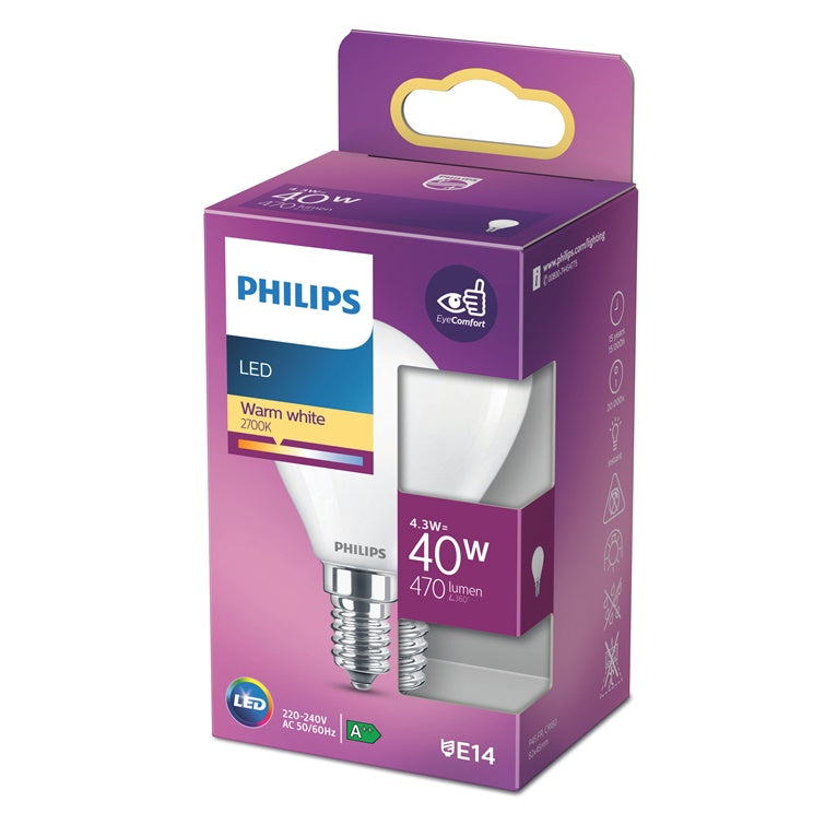 Żarówka LED Philips P45, 4.3W, E14, 2700K, 470lm, matowa