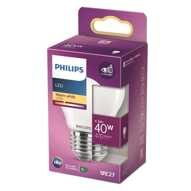 Żarówka Philips LED, P45, E27, 4,3 W, 470 lm, 2700 K