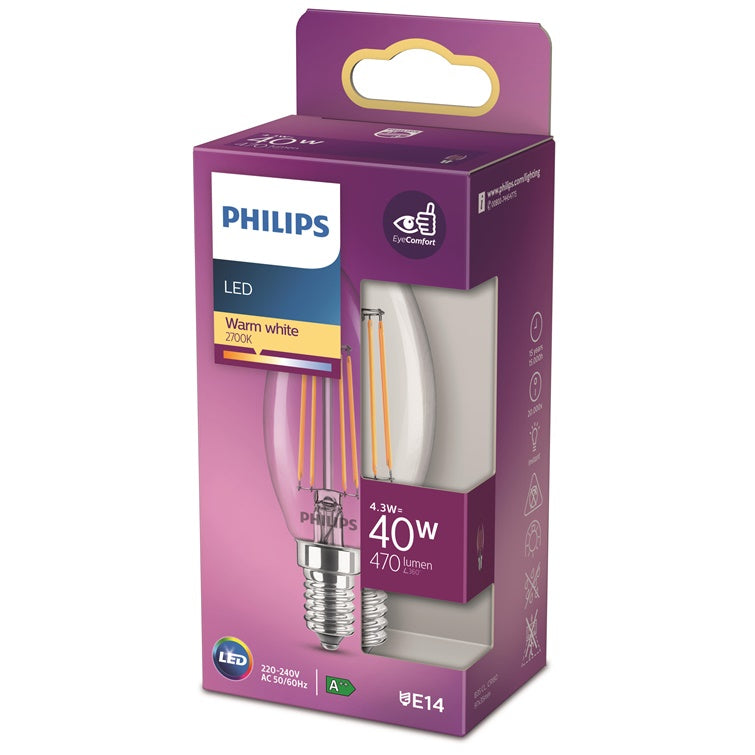 Lemputė Philips LED filamentinė, B35, E14, 4.3W, 470lm,2700K