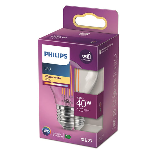 Żarówka Philips LED filamentowa, P45, E27, 4,3W, 470lm,2700K