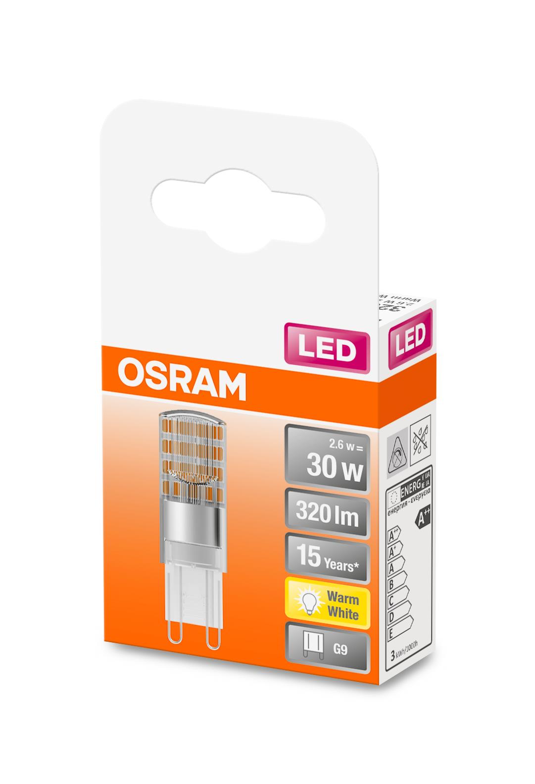 LED lemputė Osram T15, G9, 2.6W, 2700K, 320lm, skaidri