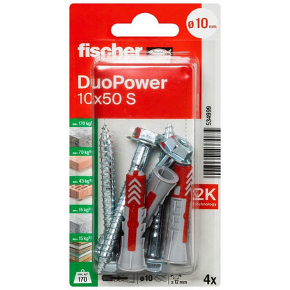 Kaištis Fischer DuoPower, varžtiniai, 10 mm x 50 mm, 4 vnt.