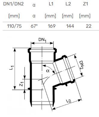 Vidaus kanalizacijos trišakis HTplus, Ø 110 / 75 mm, 67°