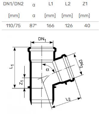 Vidaus kanalizacijos trišakis HTplus, Ø 110 / 75 mm, 87°
