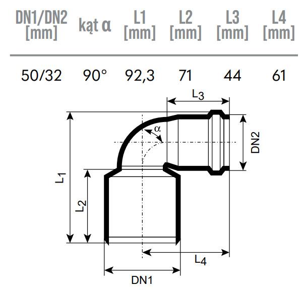 Vidaus kanalizacijos redukcinė alkūnė HTplus Ø32/50 mm balta