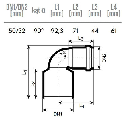 Vidaus kanalizacijos redukcinė alkūnė HTplus Ø32/50 mm balta
