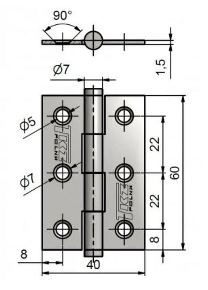 Zawias drzwiowy J2 KZ60, 60 mm, uniwersalny