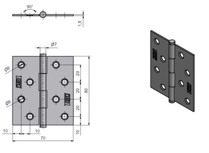 Zawiasy okienne J1 KZ80, 70 x 80 mm, 2 szt.