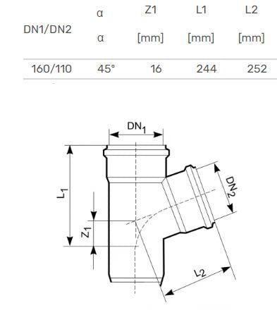 Trójnik kanalizacyjny Magnaplast, Ø 110/160 mm, 45°