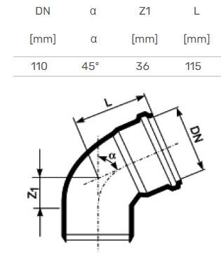 Kolano kanalizacyjne wewnętrzne HTplus, Ø 110 mm, 45°