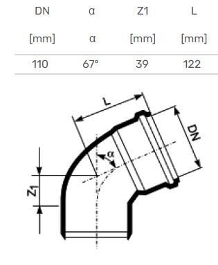 Vidaus kanalizacijos alkūnė HTplus, Ø 110 mm, 67°