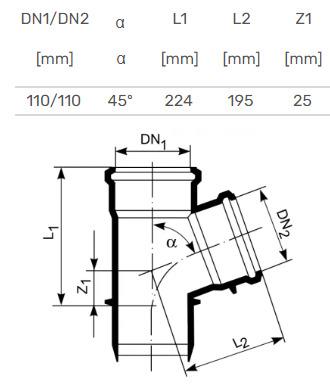 Vidaus kanalizacijos trišakis HTplus, Ø 110 / 110 mm, 45°