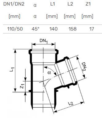 Trójnik kanalizacyjny wewnętrzny HTplus, Ø 50/ 110 mm, 45°
