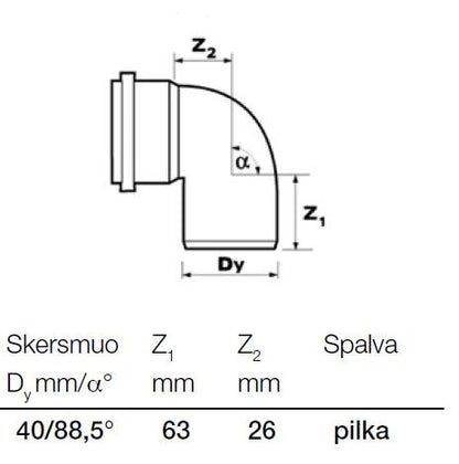 Vidaus kanalizacijos alkūnė Wavin, Ø 40 mm, 88.5°