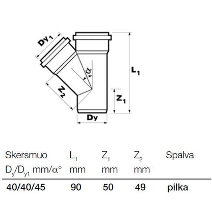 Trójnik do kanalizacji wewnętrznej Wavin, Ø 40 / 40 mm, 45°