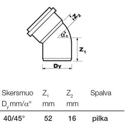 Vidaus kanalizacijos alkūnė Wavin, Ø 40 mm, 45°