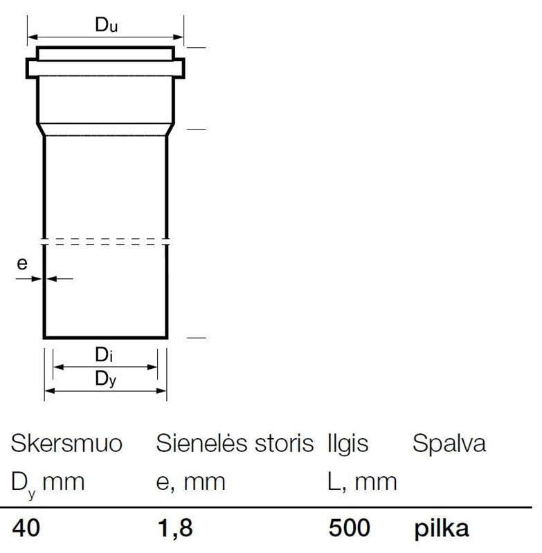 Vidaus kanalizacijos PP vamzdis Wavin, Ø 40 mm, 0,5 m