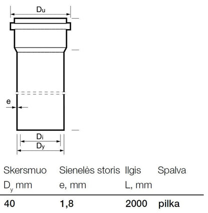 Vidaus kanalizacijos PP vamzdis Wavin, Ø 40 mm, 2 m