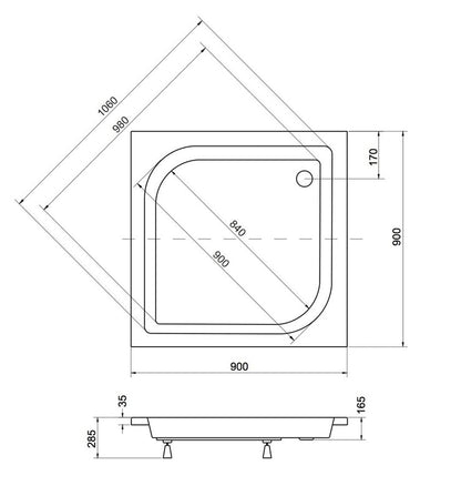Dušo padėklas PIRAMIDA ARES BAA-90-KW, 90×90×16,5 cm