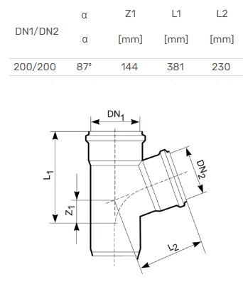 Trójnik kanalizacyjny Magnaplast, Ø 200 / 200 mm, 87°