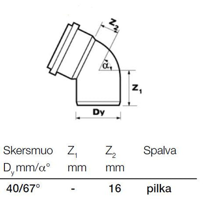 Kolano kanalizacyjne wewnętrzne, Wavin Ø 40 mm, 67°