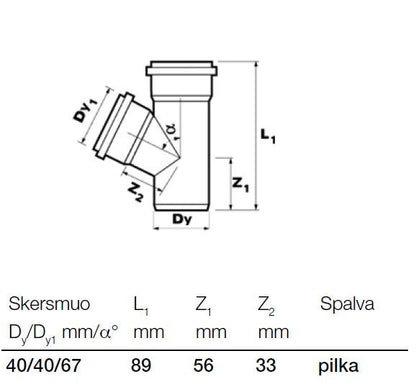 Trójnik kanalizacyjny wewnętrzny Wavin, Ø 40 / 40 mm, 67°