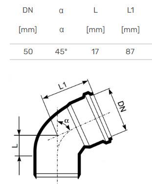 Vidaus kanalizacijos alkūnė Ultra dB, Ø 50 mm, 45°