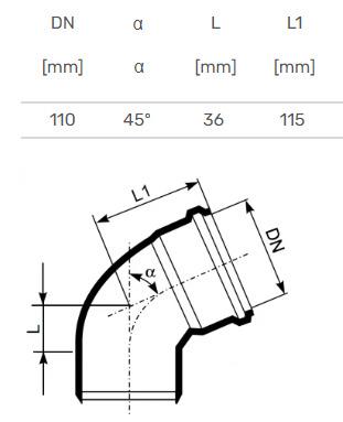 Vidaus kanalizacijos alkūnė Ultra dB, Ø 110 mm, 45°