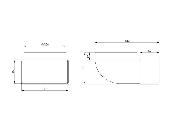 Ventiliacijos alkūnė EUROPLAST KLD 110 x 55mm D100 90°