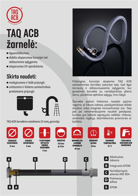 Santechninė žarnelė Tucai Taq ACB, V1/2''-V3/8'', 40 cm