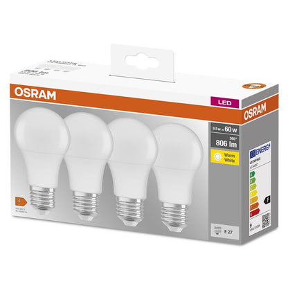 LEMPUTĖ OSRAM LED, A60, E27, 8.5W, 806lm, 2700K, 4vnt.