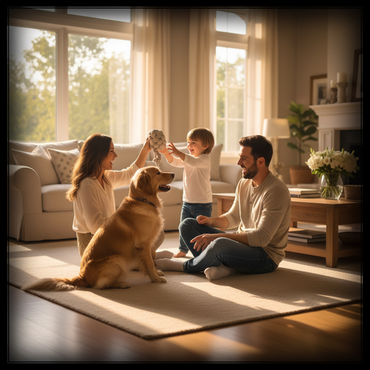 Счастливая семья с воспитанной собакой